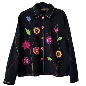 Vintage Y2K Julia Kim Embroidered Floral Jacket XL Black Boho Art To Wear
